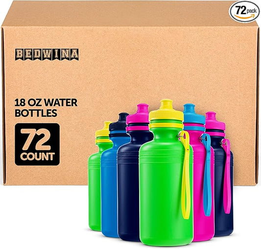 Bedwina Bulk Water Bottles For Kids - (Bulk Pack of 72) 18 Oz - 7.5 Inch BPA-Free Plastic Water Bottles w/Pop-up Tops for Summer, Reusable Water Bottle for School, Sports Birthday Party Favors