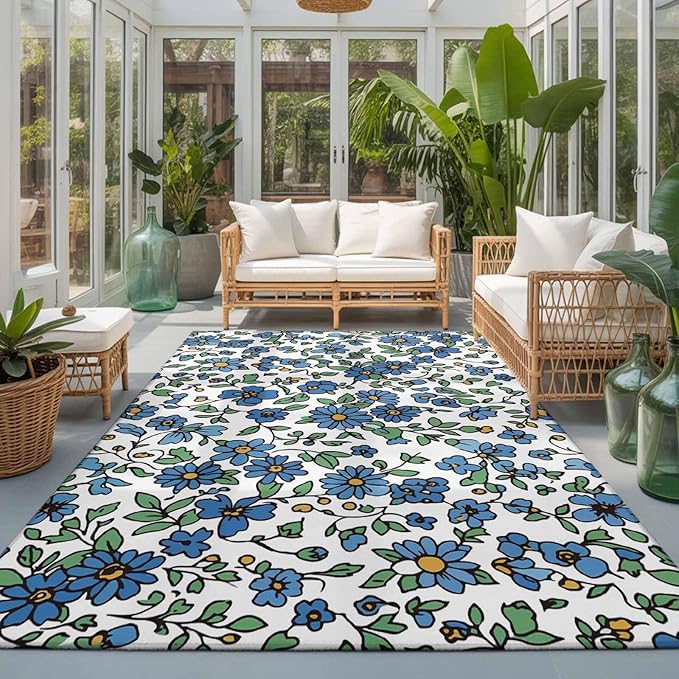 Area Rug 3x5ft, Blue Tiny Flowers Green Leaves Washable Rugs for Living Room Bedroom, Farmhouse Botanical Soft Non-Slip Area Rugs Rectangle Floor Carpet for Dining Room
