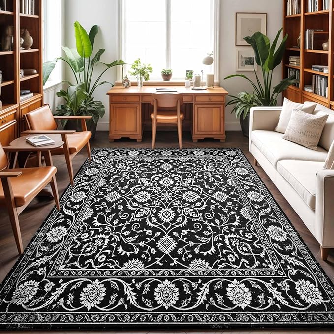 Area Rug 3x5ft, Paisley Vintage Black Floral Washable Rugs for Living Room Bedroom, Classic Flower Texture Soft Non-Slip Area Rugs Rectangle Floor Carpet for Dining Room