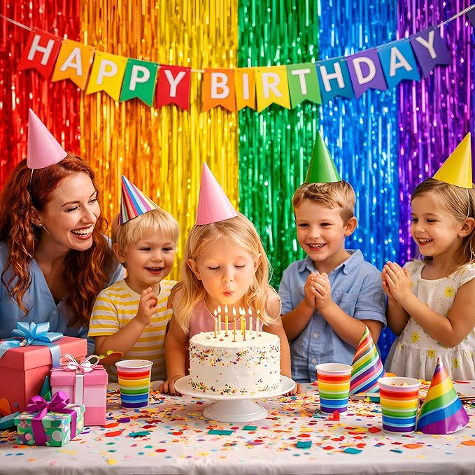 Rainbow Birthday Decorations - Rainbow Tinsel Streamers Backdrop Banner | Colorful Rainbow Party Favors Supplies Decorations Indoor Outdoor - Streamers Party Decorations for Wall Door, 2 Pack