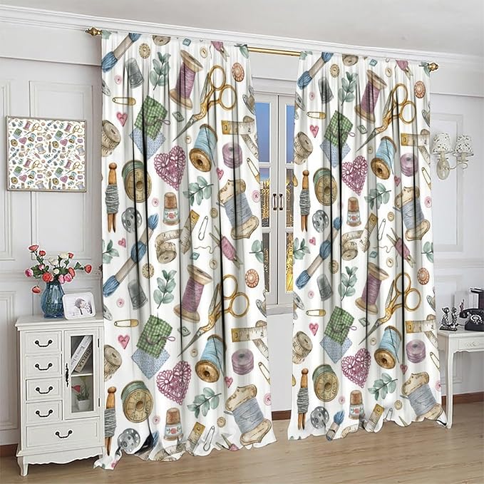 Sewing Mashine Window Curtain,Vintage Style Sewing Tool Needle Thread Watercolor Blackout Curtains for Bedroom Cafe Dining Room Office Living Room Kitchen Drapes, 42x45 in