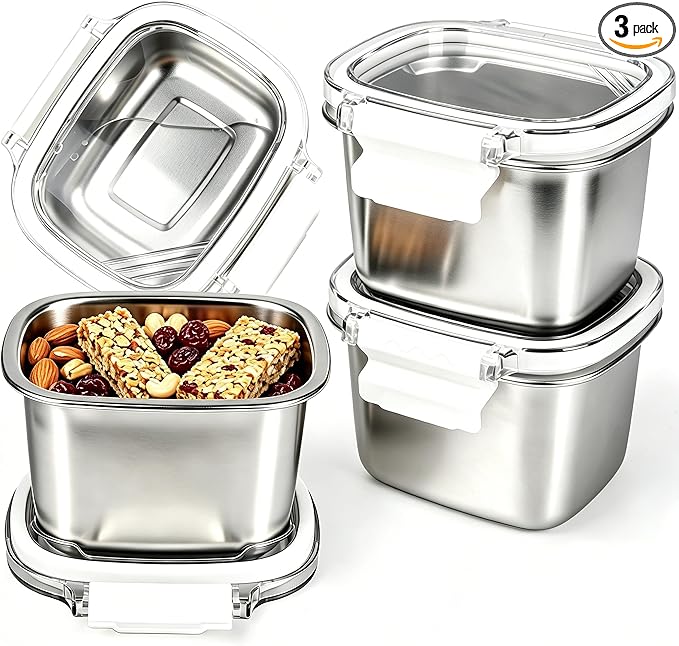 3 Pack Stainless Steel Food Storage Containers with Lids - 15.22 oz Small Snack Boxes & Lunch Containers, Shatterproof Leakproof Freezer Safe Meal Prep Containers for Portioning Snacks, Dips
