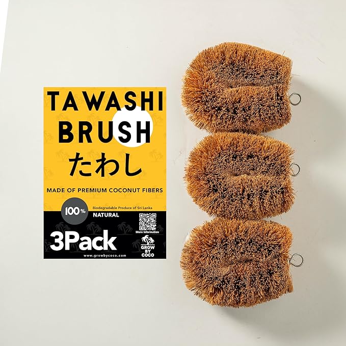 Pack of 3 Tawashi Vegetable Scrub Brush,100% Natural Coconut Coir Fiber VegetableBrush, Ideal for Fruit Scrub, Kitchen Cleaning Needs, Kamenoko Japanese Design