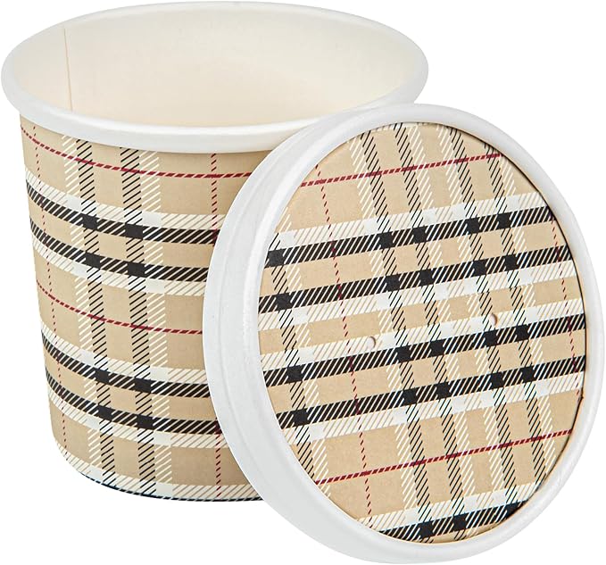 Restaurantware-LIDS ONLY: Bio Tek Soup Container Lids, 200 Disposable Bowl Lids For 12 Ounce Soup Cups - Containers Sold Separately, Vented, Plaid Print Paper Soup Container Lids, Round,