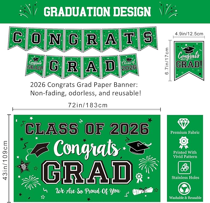 Graduation Decorations Class of 2026 - Green Graduation Party Supplies Include Grad Backdrop, Banner, Hanging Swirls, Porch Sign, Balloons, Foil Number 2026 for Congrats Grad Party Decorations