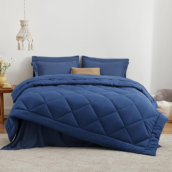 Love's cabin King Size Comforter Set Dark Blue, 7 Pieces King Bed in a Bag, All Season Bedding Sets with 1 Comforter, 1 Flat Sheet, 1 Fitted Sheet, 2 Pillowcase and 2 Pillow Sham | Soft, Breathable, Lightweight, Comfortable