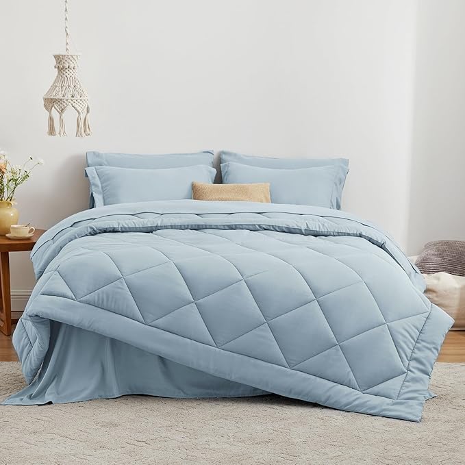 Love's cabin Twin XL Comforter Set Light Blue, 5 Pieces Twin XL Bed in a Bag, All Season Bedding Sets with 1 Comforter, 1 Flat Sheet, 1 Fitted Sheet, 1 Pillowcase and 1 Pillow Sham | Soft, Breathable, Lightweight, Comfortable