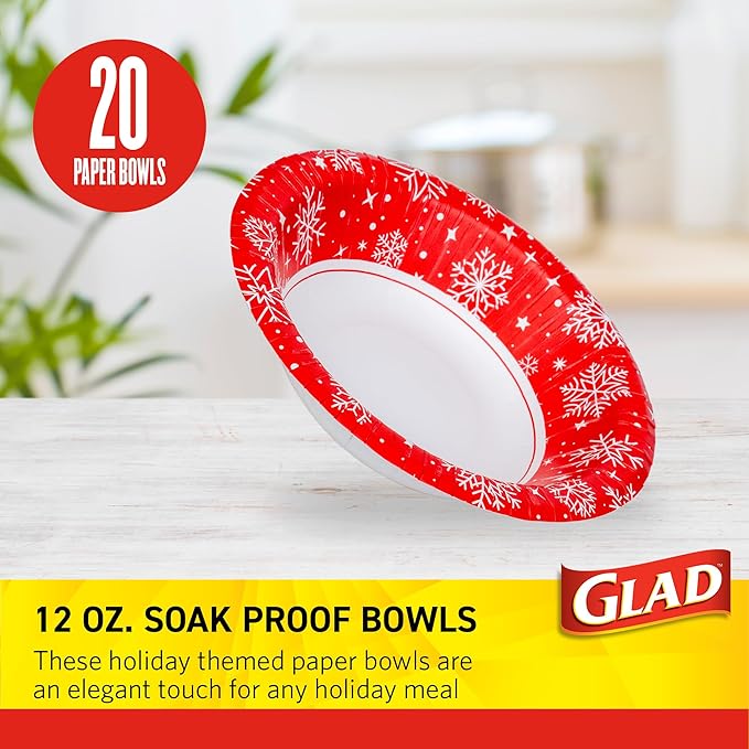 Glad Everyday Disposable Paper Bowls, Red Snowflake Holiday Design - Heavy Duty Soak-Proof Microwavable Paper Bowls - For Soups, Cereals, and Hot Foods, 12 Ounce, 20 Count