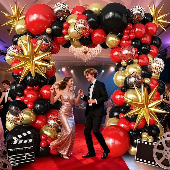 Red Gold Black Balloons Arch Kit Garland for 2026 Graduation Decorations Grad Party Birthday Red Carpet Casino Theme Race Car Birthday Anniversary Party Decorations
