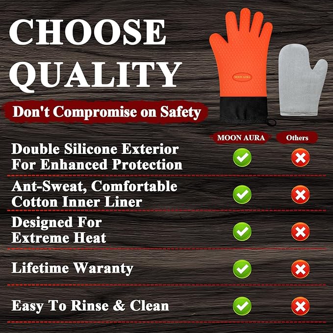 Silicone Smoker Oven Gloves - BBQ Gloves with Sharp Knife, Basting Brush and Sticky Hook.
