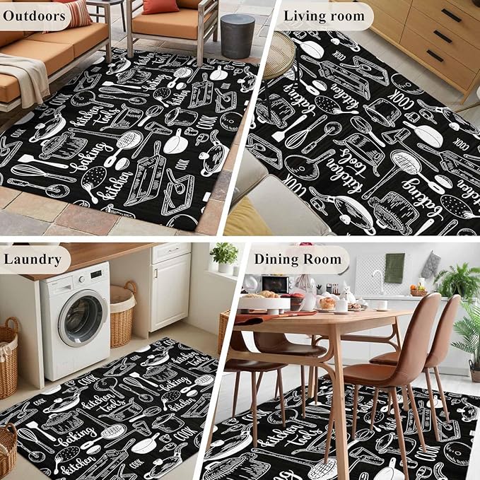 Black Kitchen Tools 3x5 Area Rugs, Modern Cooking Utensil Non-Skid Rubber Backing Large Rectangle Rugs - Living Room Bedroom Home Office, Farmhouse Cookware Indoor Floor Mat Carpets Washable Rug