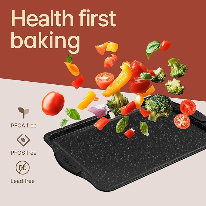 BAKKEN Cookie Sheets for Baking Nonstick Set - 3-Piece Stackable Carbon Steel Baking Sheet Pans Set with Silicone Handles, Non Toxic Cookie Sheets for Baking Bakeware Set - Gray Marble