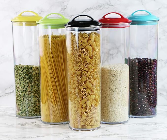 Reston Lloyd Tall Clear Spaghetti Pasta Storage Canister Container with Airtight Lid BPA Free for Kitchen Pantry Organization, Lemon