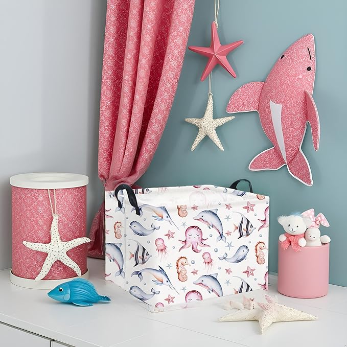HIYAGON Rectangular Ocean Basket for Kids Baby Basket for Boys and Girls Cute Toy Storage Organizer Bin Box Sea Fishes Room Decor(Sea Fishes)
