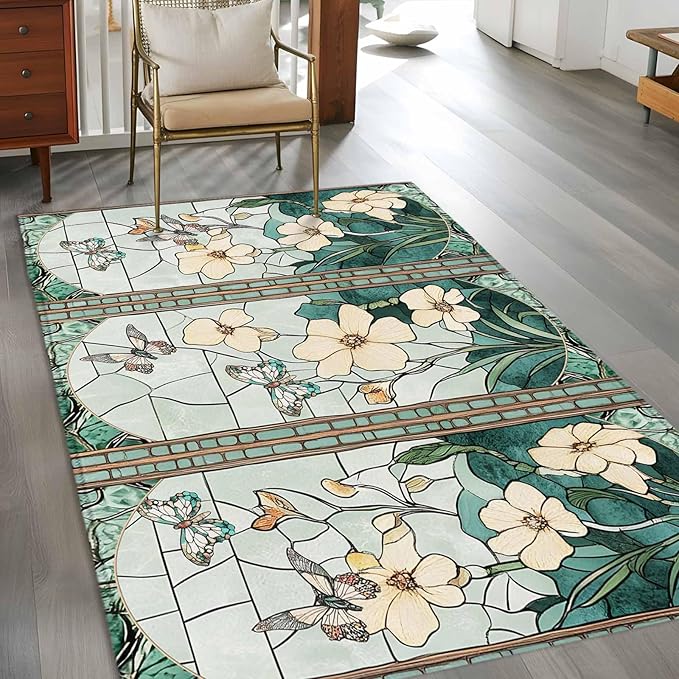 Area Rug 3x5ft, Spring Flower Colorful Butterfly Washable Rugs for Living Room Bedroom, Vintage Green Plant Soft Non-Slip Area Rugs Rectangle Floor Carpet for Dining Room