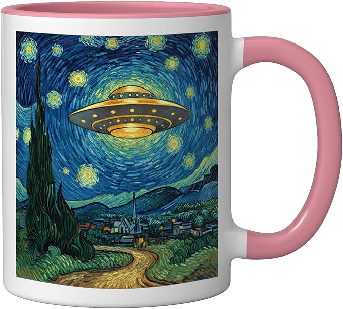 Ufo Over Starry Night Van Gogh Style Sci Fi Saucer Art Ceramic Mug, Pink/White