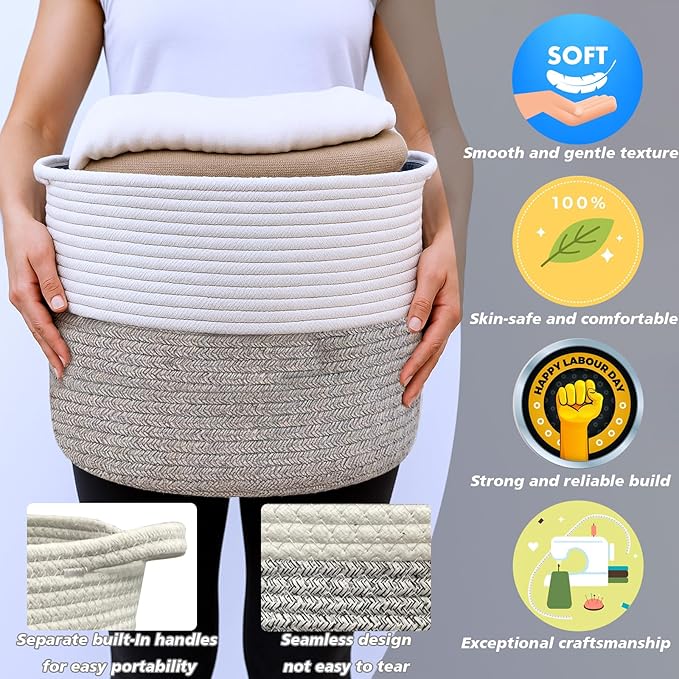 Woven Storage Basket, Cotton Rope Closet Organizers Bins for Clothes Blanket Towels, Stylish Gift Baskets with Handles, 13.4 x 9.3 x 9.5 in, White and Grey (Pack of 1)