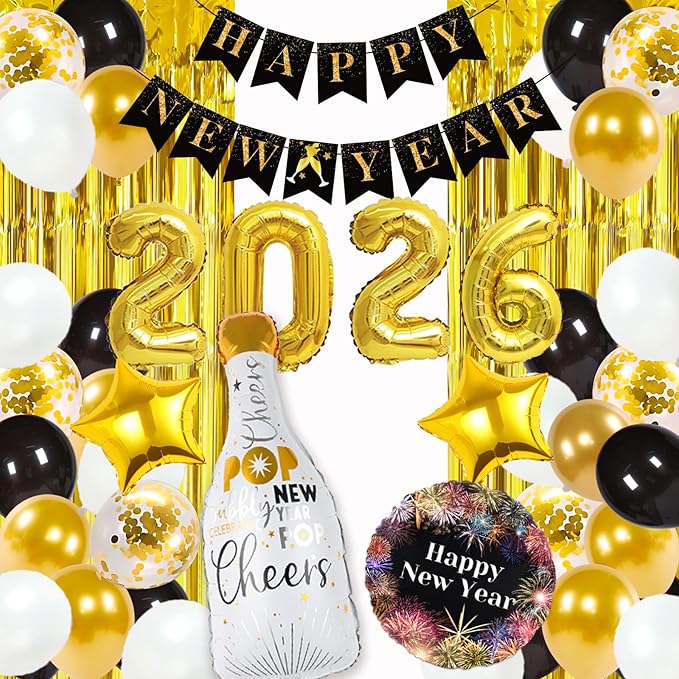 New Year Decorations 2026, Happy New Years Supplies 2026 Balloons Decoration Kit with Balloon Happy New Year Banner Foil Balloons Fringe Curtain for NYE Backdrop Decorations