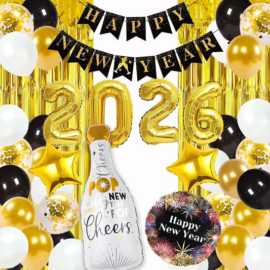 New Year Decorations 2026, Happy New Years Supplies 2026 Balloons Decoration Kit with Balloon Happy New Year Banner Foil Balloons Fringe Curtain for NYE Backdrop Decorations