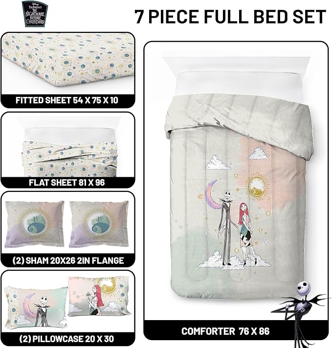Disney Nightmare Before Christmas Full Size Comforter Set - 7 Piece Jack and Sally Bedding Includes Sheet Set & Pillow Covers - Super Soft Ombre Bedding