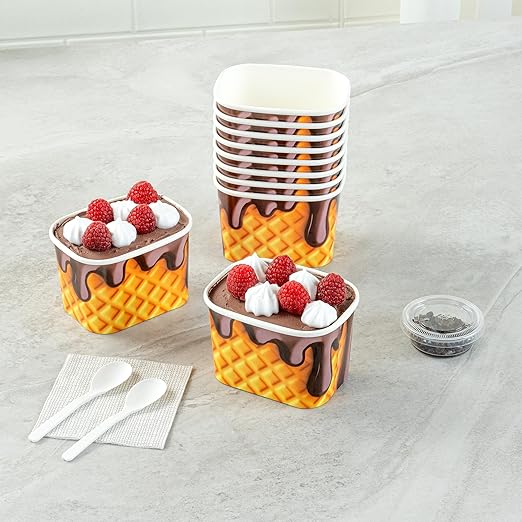 Restaurantware Paper Cups 200 Count 12 Ounce Square Disposable Ice Cream Containers, Leak-Resistant Paper Dessert To Go Cups, Hot And Cold Food, Durable Chocolate Drizzle Design