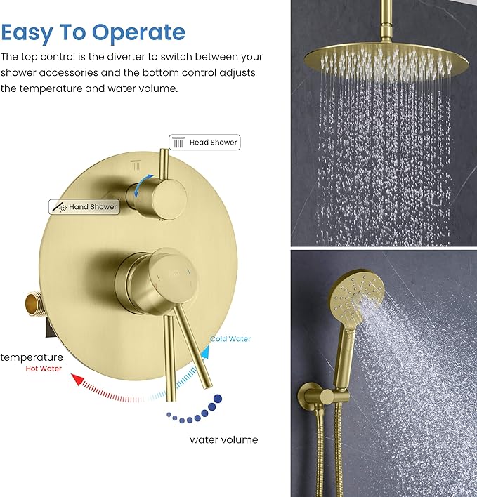 KIBI Circular Ceiling Mounted Shower System with 2-Function Faucet Set | Solid Brass Pressure Balanced Valve | Anti-Scald Design for Reliable Water Temperature Control (Brushed Gold Finish, KSF408)