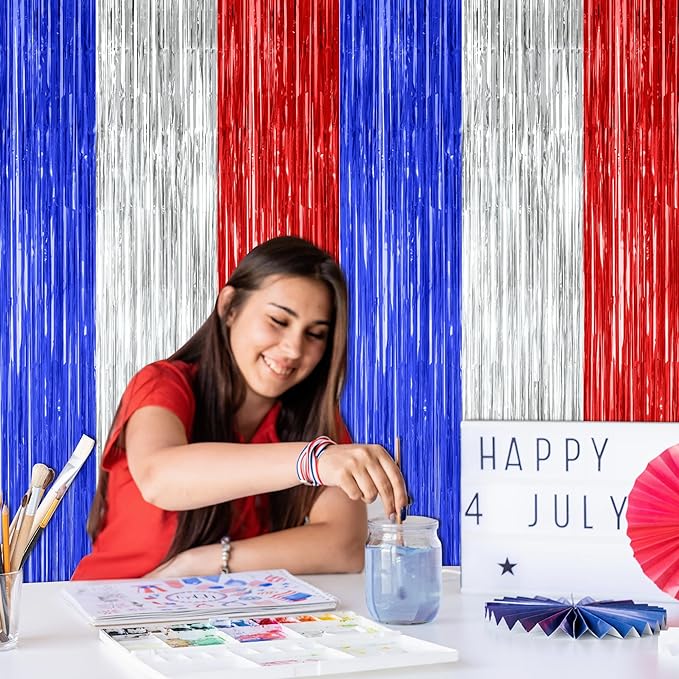 2 Pack 4th of July Decorations, 3.28 FT x 7.05 FT 250 Anniversary Tinsel Backdrop, Red Silver Blue Fringe Curtains Streamer Backdrop, Independence Day Photo Backdrop Party Supplies