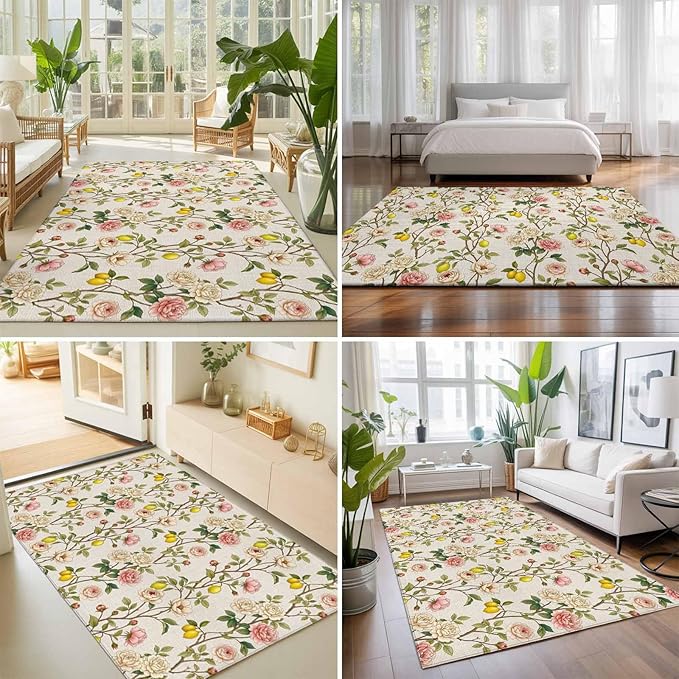 Area Rug 9x12ft, Farmhouse Blossom Flower Leaf Lemon Washable Rugs for Living Room Bedroom Rectangle Floor Carpet, Summer Retro Floral Fruit Soft Non-Slip Area Rugs for Dining Room