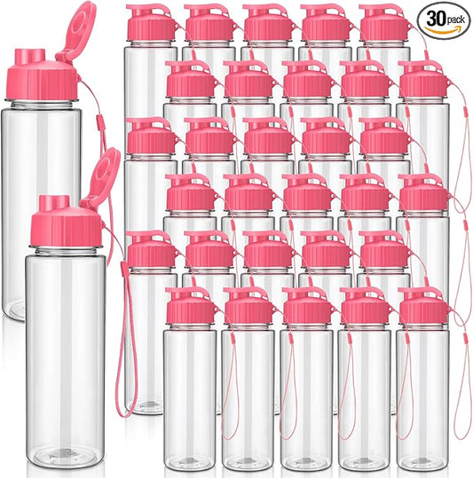 Maxcheck 30 Pieces Water Bottle Bulk 17 oz Plastic Sports Water Bottles Bulk with Handle Strap Lightweight Leakproof Drink Flip Top for Adults Fit Gym(Classic Style,Pink)
