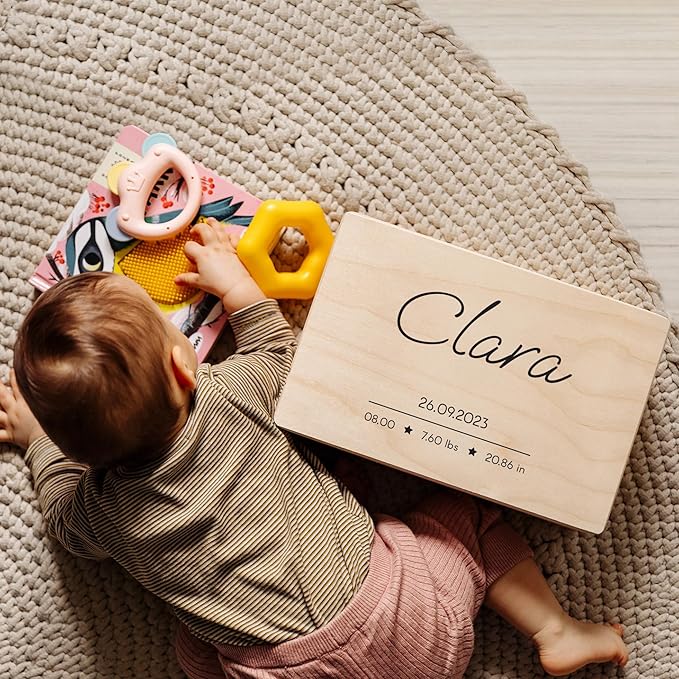 Creative Deco Personalized Wooden Storage Box | Modern, Beige | 11.8 x 7.87 x 5.51in | Hinged Lid, Engraving | Gift Box, Keepsake Chest