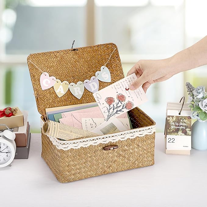 Hipiwe Wedding Card Basket Box Handwoven Seagrass Basket Bin with Letter Flag Wedding Favors Post Box Reception Card Holder for Party, Birthday, Graduation, Baby & Bridal Shower