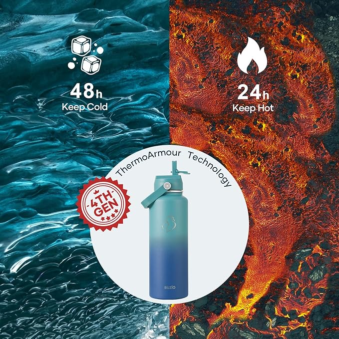 BUZIO 40 oz Insulated Water Bottle, Triple Wall Vacuum Stainless Steel Water Flask with 2 lids, Lead-Free BPA-Free Straw Lid Sports Canteen Jug, Cold 48H & Hot 24H, Gradient Cyan