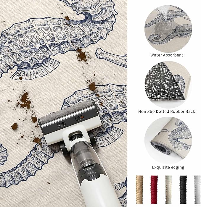 Washable Round Area Rug Marine Life Seahorse on Burlap Circle Rugs Floor Carpet for Living Room Bedroom, Farmhouse Ocean Theme Soft Non Slip Round Rug 3ft