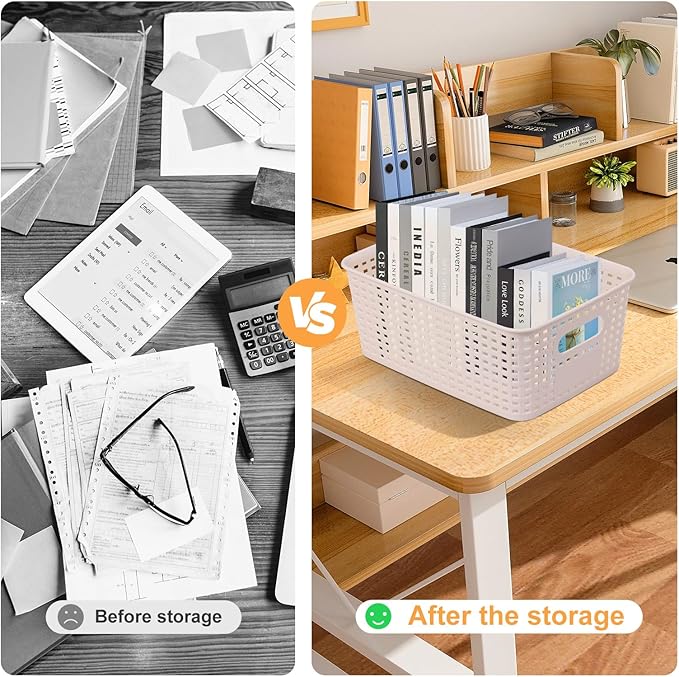 Misty Stream 6pcs Rattan Organiser Box with Lid & Handles Bathroom Kitchen Storage Boxes Plastic Storage Basket for Cupboards Shelves Bathrooms