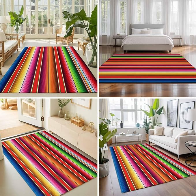 Area Rug 3x5ft, Mexican Stripes Vintage Boho Washable Rugs for Living Room Bedroom, Native American Stripe Soft Non-Slip Area Rugs Rectangle Floor Carpet for Dining Room