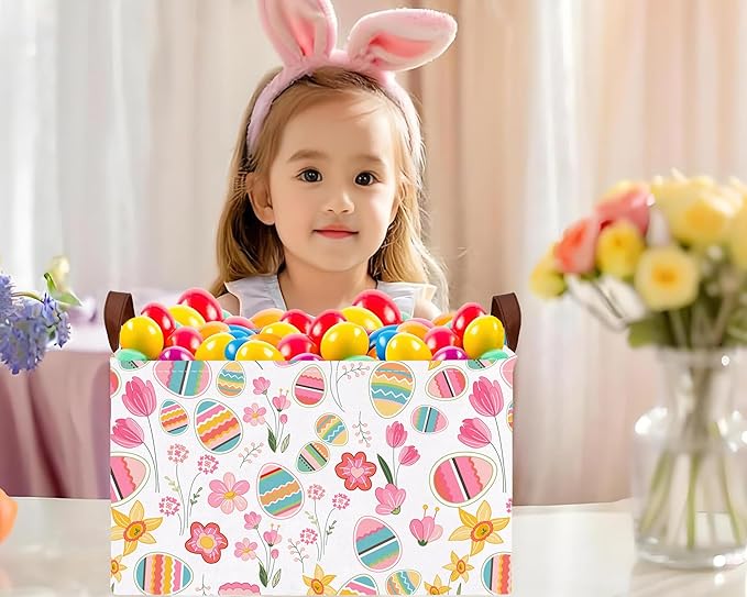 Large Rectangular Easter Baskets Empty Waterproof Boy Toy Box Foldable Kid's Gifts Storage Bin Spring Room Decor(Tulip Flower Egg)