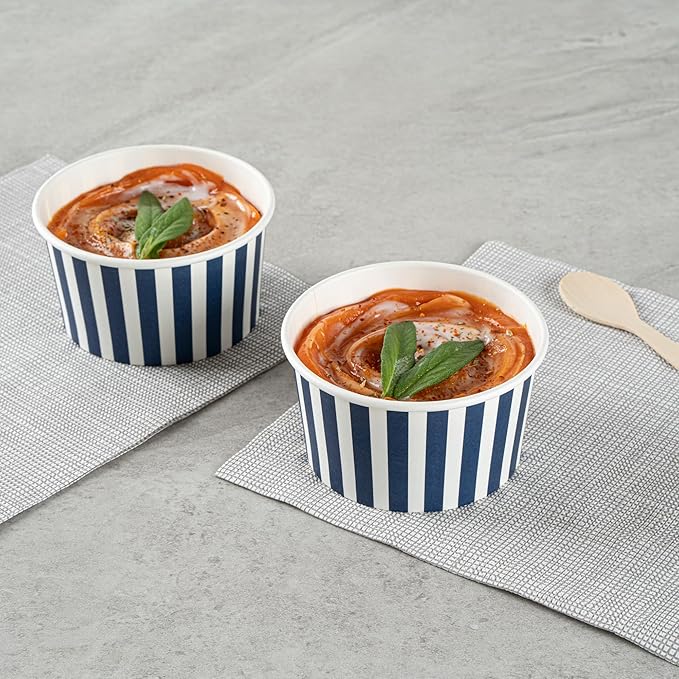 Restaurantware Coppetta 8 Ounce Dessert Cups, 200 Disposable Ice Cream Cups - Lids Sold Separately, Sturdy, Blue And White Paper FroYo Bowls, Striped, For Hot And Cold Foods, Perfect For Gelato