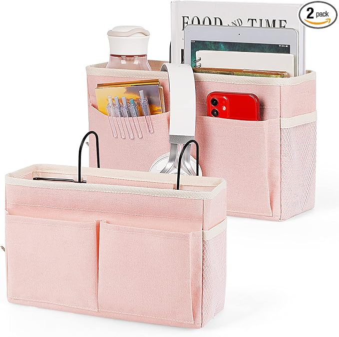 Bedside Caddy Bedside Storage Organizer Hanging Bunk Bed Dorm Room with Side Pockets for Water Bottles, Books, Cell Phones, Headphones 2 Pack (Pink)