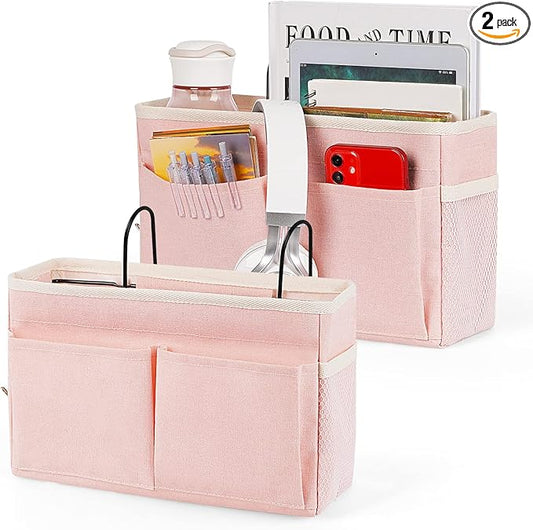 Bedside Caddy Bedside Storage Organizer Hanging Bunk Bed Dorm Room with Side Pockets for Water Bottles, Books, Cell Phones, Headphones 2 Pack (Pink)