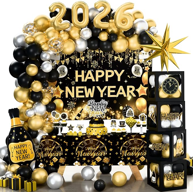 New Year Party Decorations 2026, Happy New Year's Eve Party Supplies Kit, 2026 Gold Black New Year Party Decor with Bckdrop Balloon Garland Tablecloth Balloon Boxes for 2026 Year Party
