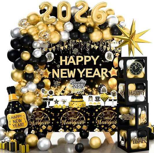 New Year Party Decorations 2026, Happy New Year's Eve Party Supplies Kit, 2026 Gold Black New Year Party Decor with Bckdrop Balloon Garland Tablecloth Balloon Boxes for 2026 Year Party