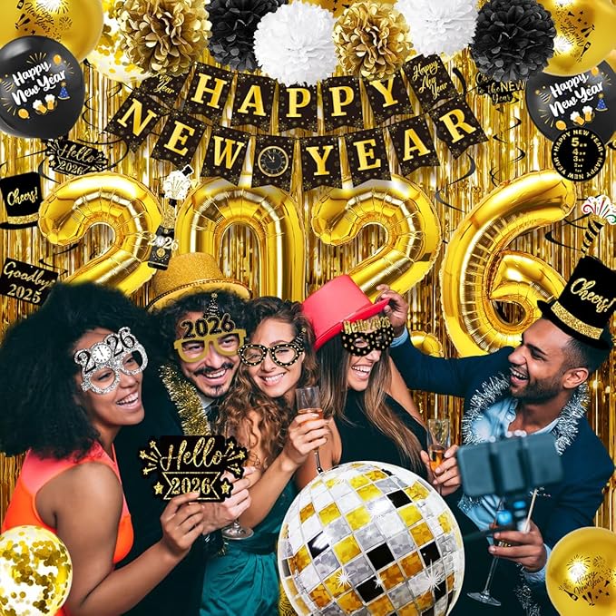 MOVINPE New Years Eve Party Decorations 2026 Black Gold, Happy New Year Party Supplies, Banner Pompoms Number Balloon Fringe Curtain Photo Booth Props Hanging Swirl Squawkers Blowouts