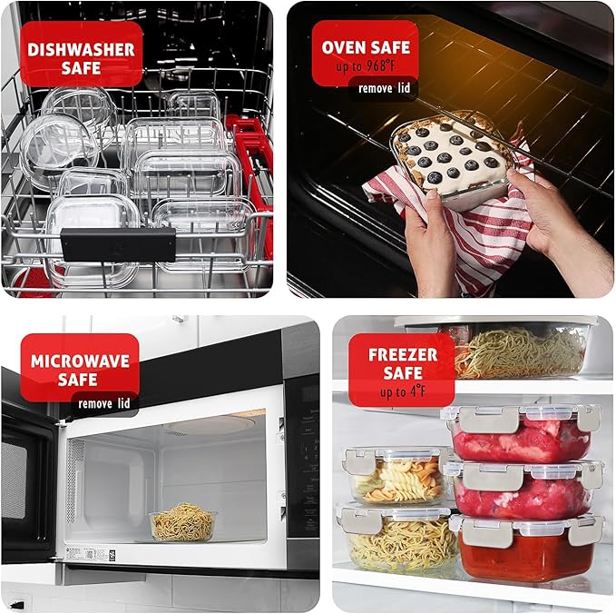 EATEX 16pc Glass Storage Containers with Lids, 8 Glass Food Storage Containers with 8 Airtight Lids for Pantry & Kitchen, Meal Prep Containers for Lunch, Oven Freezer Microwave & Dishwasher Safe