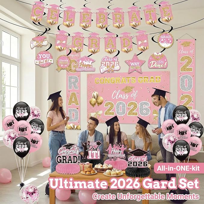Pink 2026 Graduation Party Decor Kit-Includes Backdrop, Banner, Balloons, Hanging Ornaments & Honeycomb Decorations for Class of 2026 -Full Set for High School and University Graduation Events