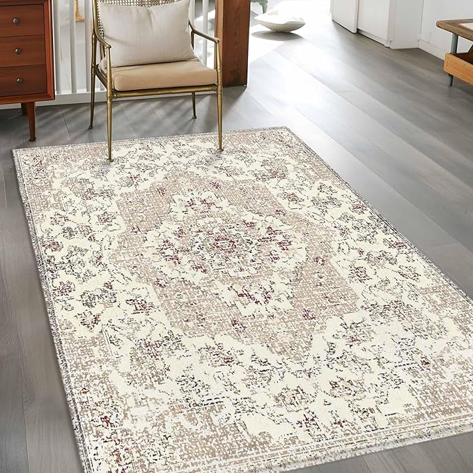 Beige Boho 4x6 Area Rugs, Vintage Ethnic Floral Non-Skid Rubber Backing Large Rectangle Rugs - Living Room Bedroom Home Office, Abstract Art Geometric Indoor Floor Mat Carpets Washable Rug