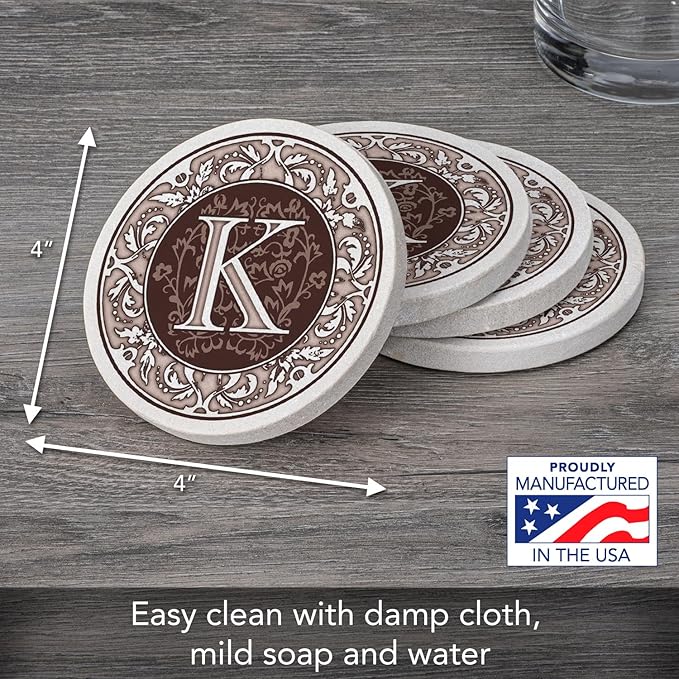 Thirstystone 4-Pack Monogram Letter “K” Sandstone Coasters Manufactured in The USA Decorative, Absorbent, Easily Wipes Clean