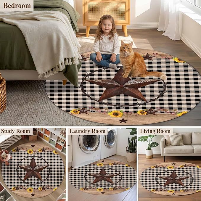 Washable Round Area Rug Western Star Farm Sunflower Circle Rugs Floor Carpet for Living Room Bedroom, Vintage Wood Grain Black Buffalo Plaid Soft Non Slip Round Rug 3ft