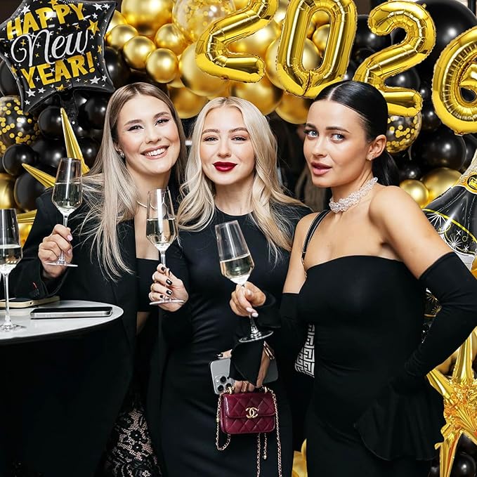 Happy New Years Decorations 2026 Eve Party Supplies with Black Gold Confetti Balloons New Year Banner Gold Fringe Curtain Backdrop for Nye Decorations