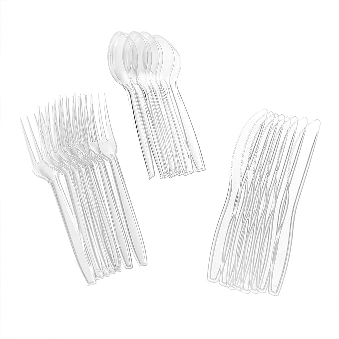 Glad Clear Disposable Cutlery Set with Heavy Duty Plastic Forks, Knives, and Spoons, Reusable Dishwasher Safe Plastic Utensils for Parties and Everyday Use, 24 Count (Pack of 3)