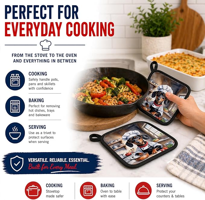 Caroline's Treasures Dachshund The Chef Pair of Pot Holders Kitchen Heat Resistant Pot Holders Sets Oven Hot Pads for Cooking Baking BBQ, 7 1/2 x 7 1/2